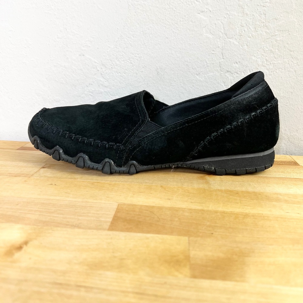 Skechers Womens Black Suede Slip On Loafers Whipstitch Comfort Shoes Round Toe 9